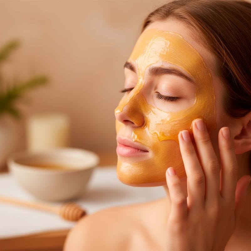 Mujer aplicando miel como mascarilla facial, descubriendo los secretos de la miel para la piel